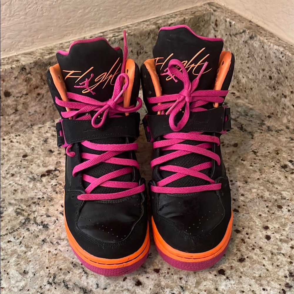 Girls Retro Air Jordan Black, Pink Orange High-Top Sneakers Size 7Y